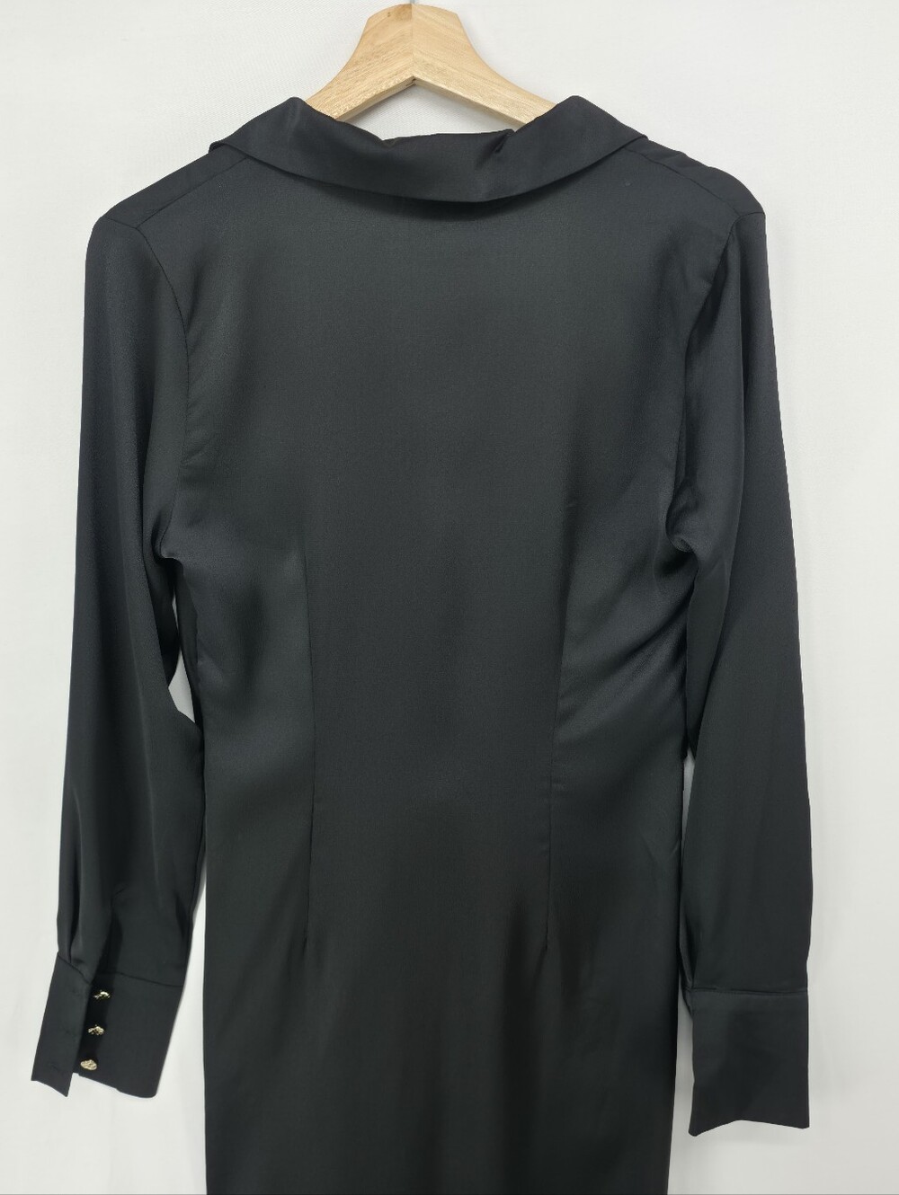 Mable Black Satin Tie Front Shirt Dress Small Midi Front Slit Long Sleeve NWOT - Picture 8 of 12